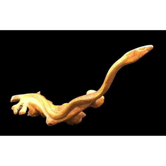 Hand-Carved Wooden Snake Sculpture On Seed Pod Root Base 15" Length - Picture 3 of 16